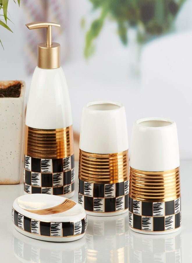 Kookee Ceramic Bathroom Set – Stylish 4 Piece Bath Accessories Kit with Soap Dispenser, Toothbrush Holder, Tumbler & Soap Dish – Modern & Designer Decor, White/Gold/Black (10081) - Image 1
