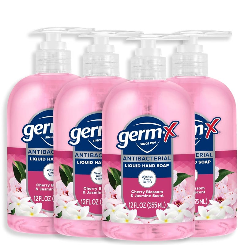 GermX Antibacterial Hand Soap Moisturizing Liquid Hand Wash for Kitchen or Bathroom pH Balanced  Dermatologist Tested Jasmine  Cherry Blossom 12 oz Pump Bottle Pack of 4