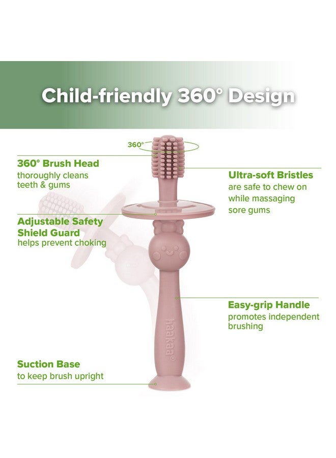 هاكا فرشاة أسنان هاكا 360 درجة للأطفال مع قاعدة شفط - تنظيف لطيف لتدريب الطفل على تنظيف أسنانه بنفسه، مصنوعة من السيليكون الآمن غذائيًا، مع درع أمان قابل للتعديل - لون وردي باهت (قطعة واحدة) - Image 5