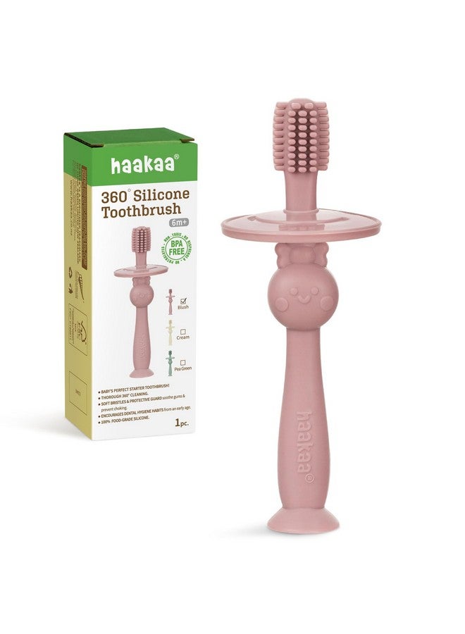 هاكا فرشاة أسنان هاكا 360 درجة للأطفال مع قاعدة شفط - تنظيف لطيف لتدريب الطفل على تنظيف أسنانه بنفسه، مصنوعة من السيليكون الآمن غذائيًا، مع درع أمان قابل للتعديل - لون وردي باهت (قطعة واحدة) - Image 1