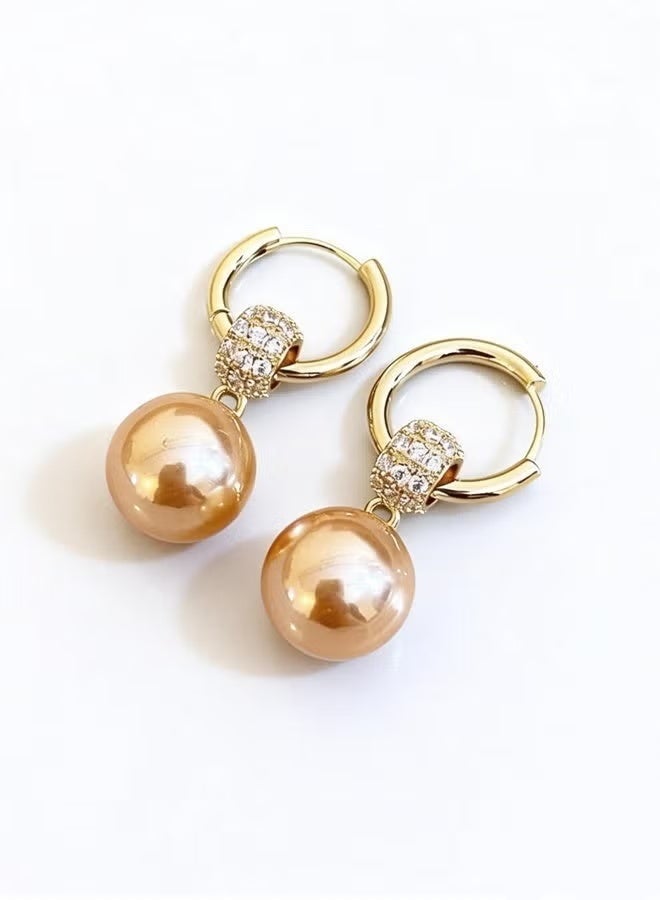 DAEVO Gold Plated Zircon Paved Champagne Pearl Drop Hoop Earrings for Women - Image 1