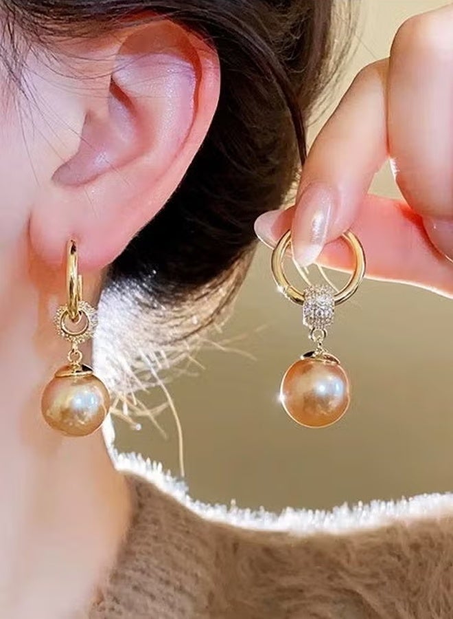 DAEVO Gold Plated Zircon Paved Champagne Pearl Drop Hoop Earrings for Women - Image 3