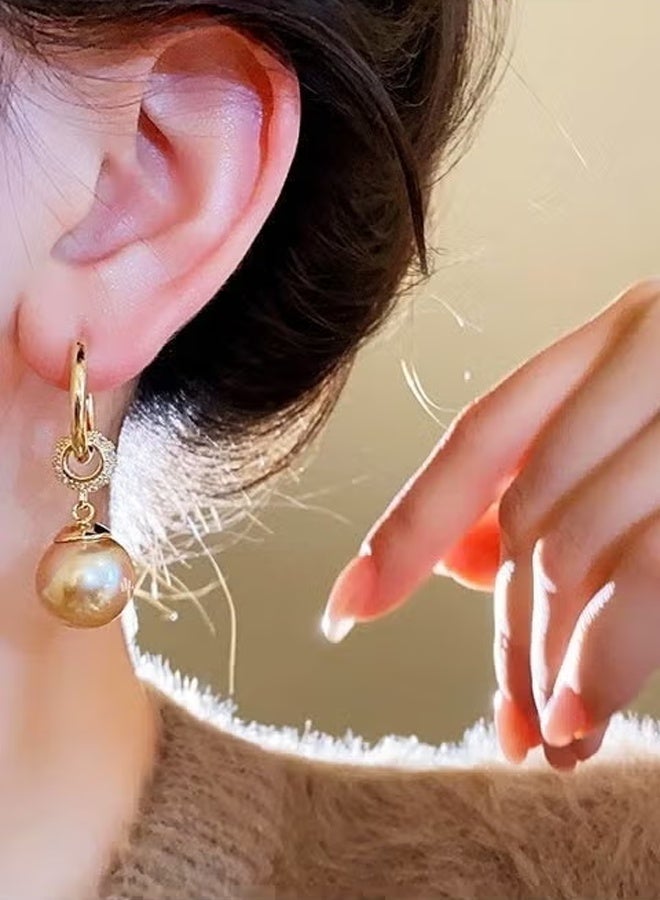 DAEVO Gold Plated Zircon Paved Champagne Pearl Drop Hoop Earrings for Women - Image 2