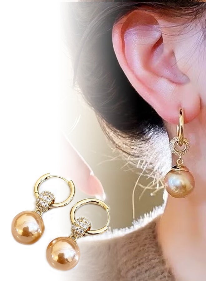 DAEVO Gold Plated Zircon Paved Champagne Pearl Drop Hoop Earrings for Women - Image 4
