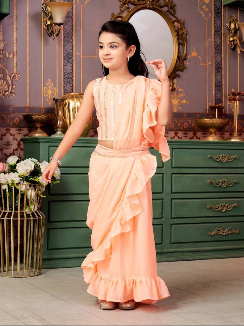 aarikka Aarika Girls Ethnic Wear Peach Colour Sequin Embroidery Georgette Lehenga Choli Set With Attached Dupatta-4-13 Years (LCH-SHM-5018) - Image 3