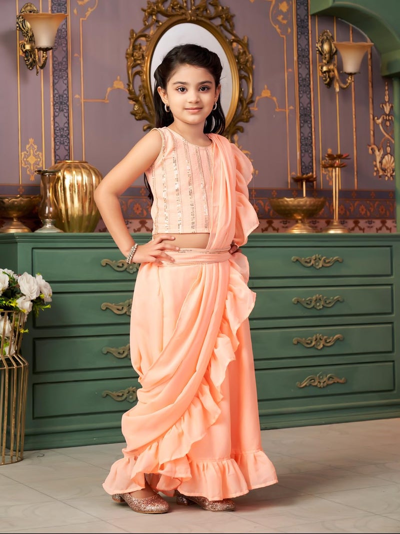 aarikka Aarika Girls Ethnic Wear Peach Colour Sequin Embroidery Georgette Lehenga Choli Set With Attached Dupatta-4-13 Years (LCH-SHM-5018) - Image 2