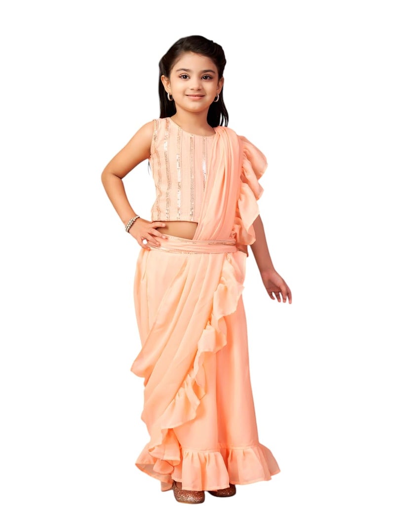 aarikka Aarika Girls Ethnic Wear Peach Colour Sequin Embroidery Georgette Lehenga Choli Set With Attached Dupatta-4-13 Years (LCH-SHM-5018) - Image 1