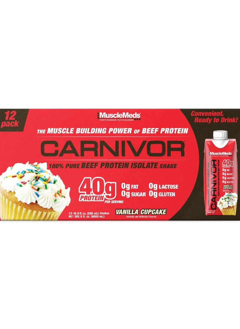 MUSCLEMEDS Carnivor RTD Pure Beef Protein Isolate Shake Vanilla Cupcake 500ml Pack of 12  - Image 1