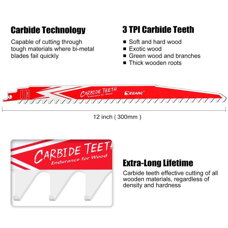 EZARC Carbide Reciprocating Saw Blade R1243HM Endurance for Hard Wood 12-Inch 3TPI, 3-Pack - Image 2