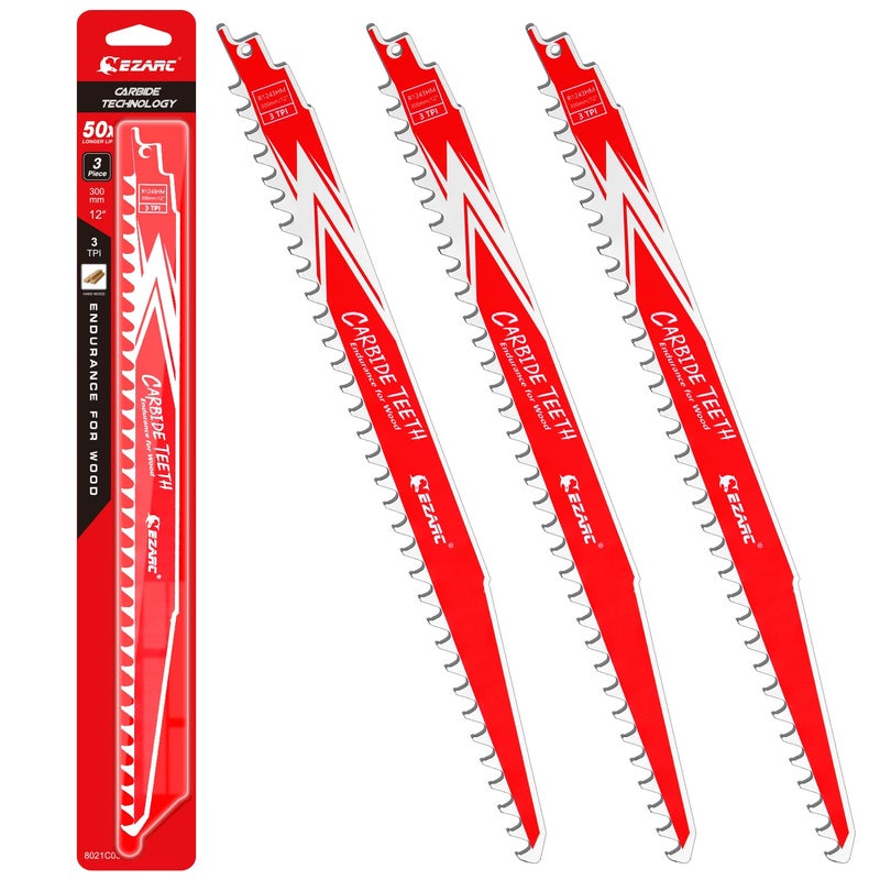 EZARC Carbide Reciprocating Saw Blade R1243HM Endurance for Hard Wood 12-Inch 3TPI, 3-Pack - Image 1