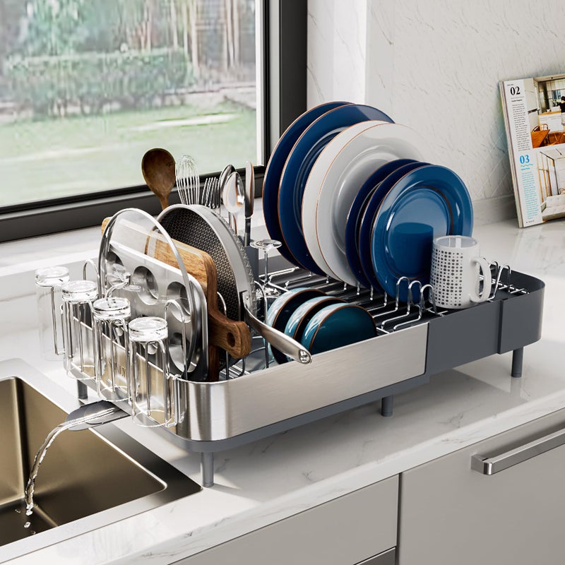 SUNLY Expandable Dish Drying Rack, Versatile Brackets for Pots & Pans, Space Saving Kitchen Drying Rack, Dish Racks for Kitchen Counter，Stainless Steel Dish Drainers with Extendable 360° Spout, Gray - Image 1