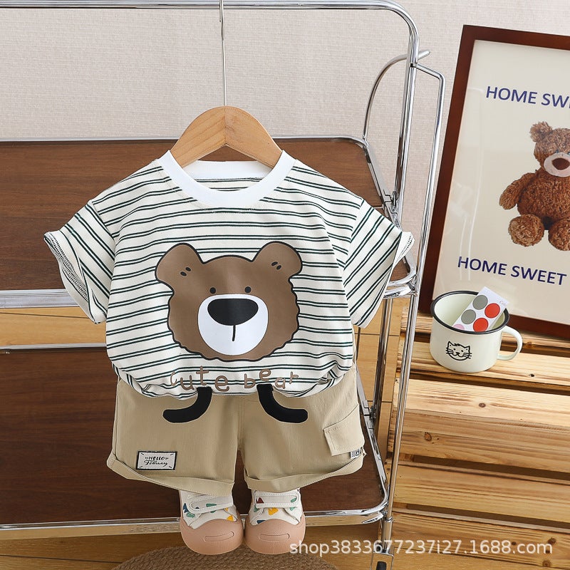 Childrens cartoon T-shirt short-sleeved thin 2024 Summer Baby 1-3 Western style summer clothes boys shirt striped clothes hair generation Green 