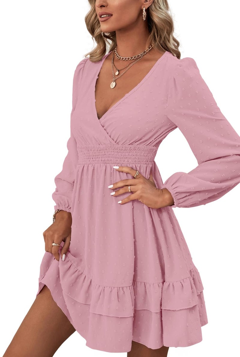 Rooscier Women's Wrap V Neck Swiss Dots Swing Ruffle Long Sleeve Mini Dress Plain Pink Small - Image 4
