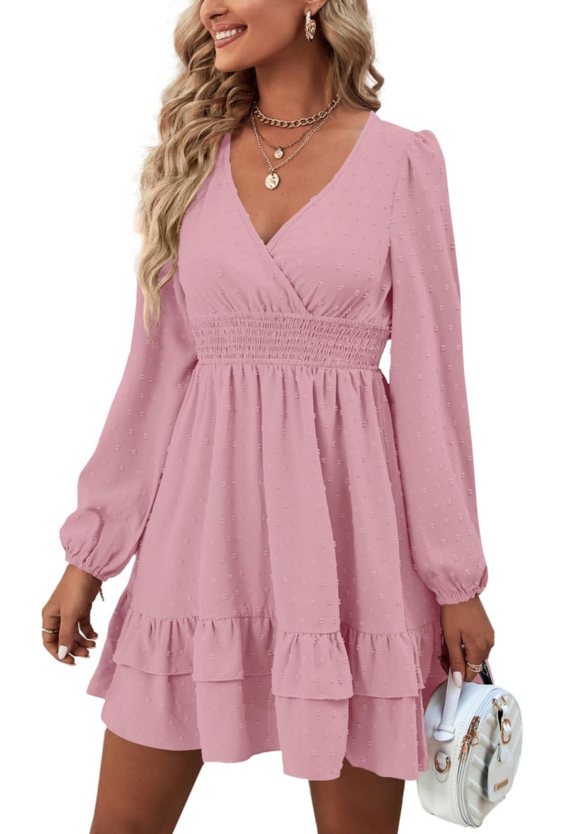 Rooscier Women's Wrap V Neck Swiss Dots Swing Ruffle Long Sleeve Mini Dress Plain Pink Small - Image 1