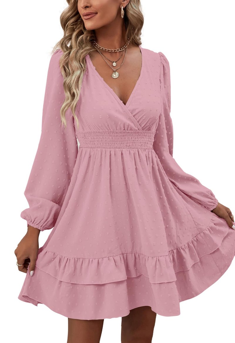 Rooscier Women's Wrap V Neck Swiss Dots Swing Ruffle Long Sleeve Mini Dress Plain Pink Small - Image 5