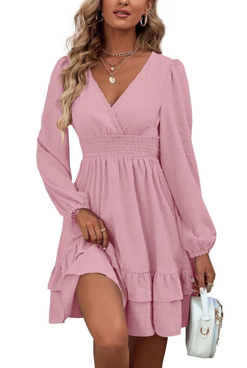 Rooscier Women's Wrap V Neck Swiss Dots Swing Ruffle Long Sleeve Mini Dress Plain Pink Small - Image 3