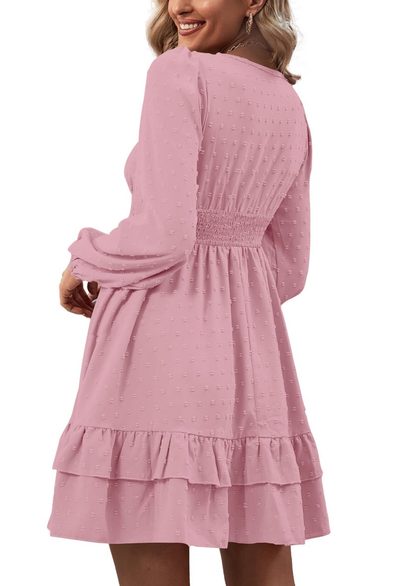 Rooscier Women's Wrap V Neck Swiss Dots Swing Ruffle Long Sleeve Mini Dress Plain Pink Small - Image 2