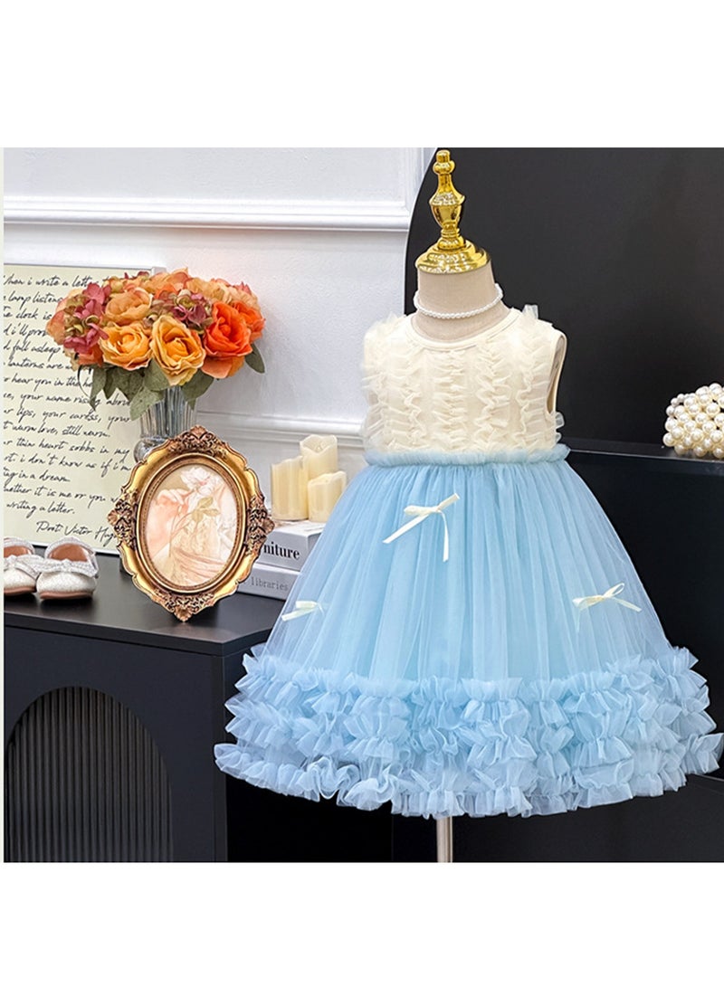 فستان أميرة للبنات الصغيرات 2-3 سنة، بلا أكمام باللون الأبيض والأزرق مع تنورة تول صيفية، تصميم أنيق بكشكشة وربطات، مثالي للأعراس، عيد الفطر، حفلات أعياد الميلاد ولمّ شمل العائلة، مناسب للبنات بطول 90-100 سم - Image 1