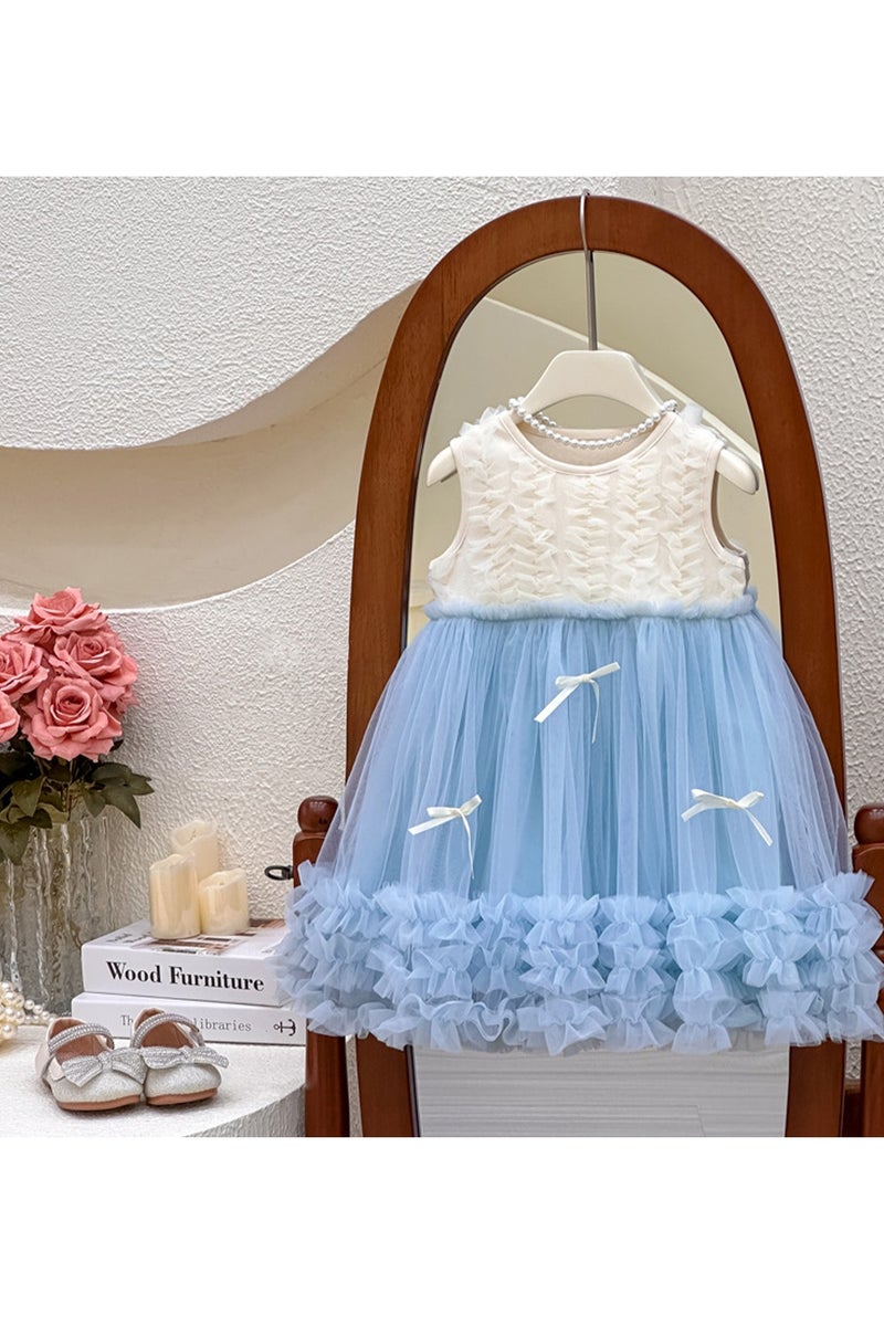 فستان أميرة للبنات الصغيرات 2-3 سنة، بلا أكمام باللون الأبيض والأزرق مع تنورة تول صيفية، تصميم أنيق بكشكشة وربطات، مثالي للأعراس، عيد الفطر، حفلات أعياد الميلاد ولمّ شمل العائلة، مناسب للبنات بطول 90-100 سم - Image 2