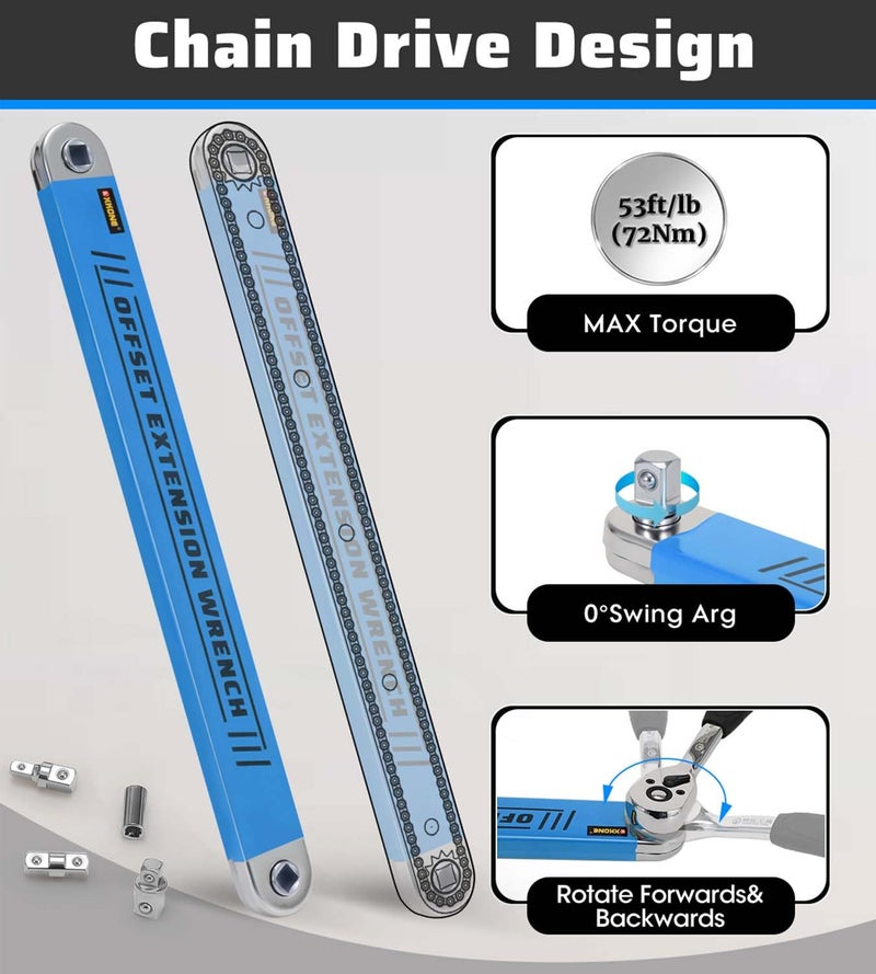 XKONE Offset Extension Wrench Set,3/8" Drive Wrench with 1/4",3/8",1/2" Square Drive Adapters and 1/4" Socket for Tight Spaces.. - Image 4
