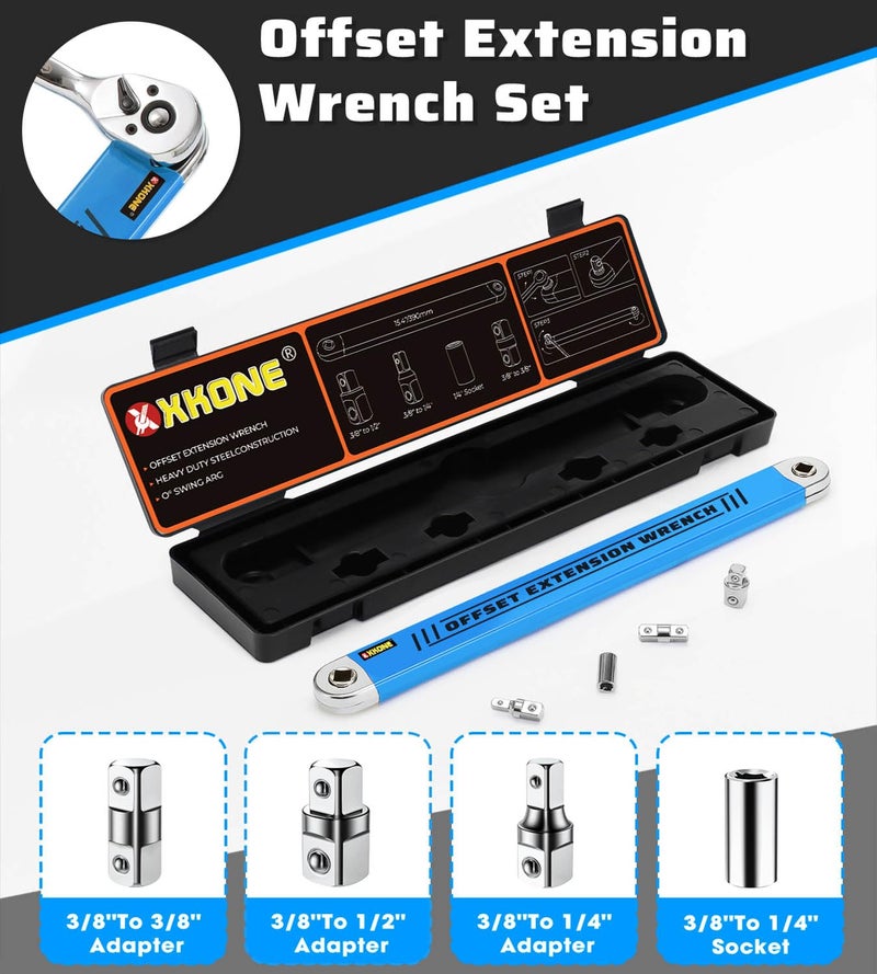 XKONE Offset Extension Wrench Set,3/8" Drive Wrench with 1/4",3/8",1/2" Square Drive Adapters and 1/4" Socket for Tight Spaces.. - Image 2