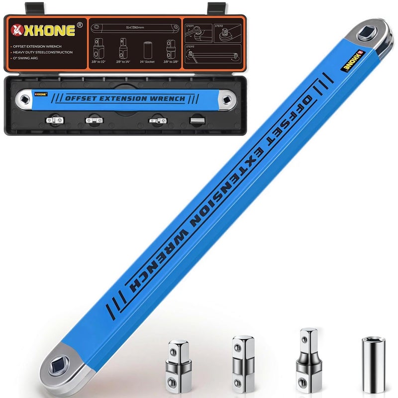 XKONE Offset Extension Wrench Set,3/8" Drive Wrench with 1/4",3/8",1/2" Square Drive Adapters and 1/4" Socket for Tight Spaces.. - Image 1