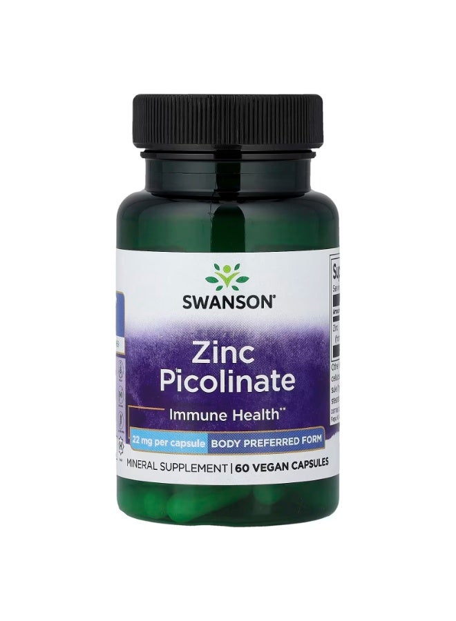SWANSON Zinc Picolinate, 22 mg, 60 Vegan Capsules - Image 1