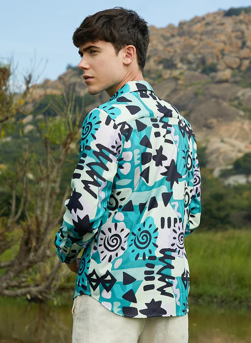 Campus Sutra Men's Sea Green Abstract Imprint Shirt