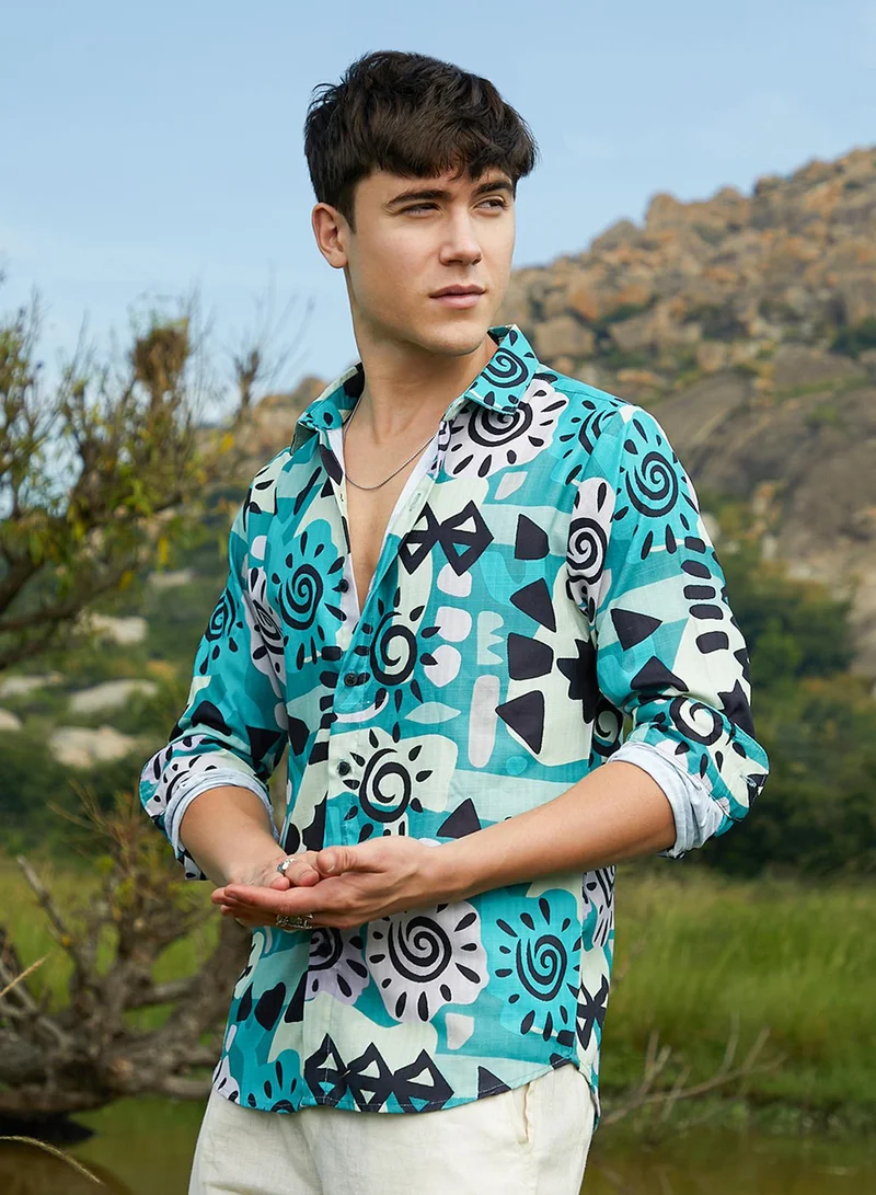 Campus Sutra Men's Sea Green Abstract Imprint Shirt