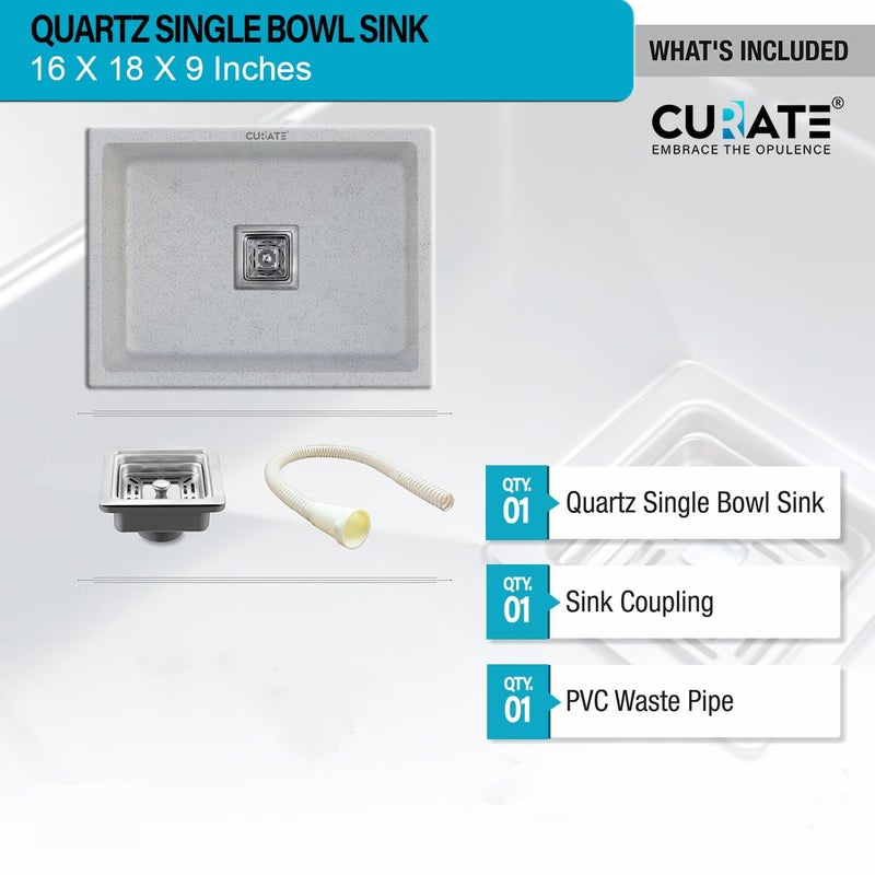 CURATE حوض كورتز مفرد فاخر 16x18 للمطبخ من الحجر الجرانيت كورتز مع أنبوب تصريف PVC 8 ألوان رمادي مسك - Image 4