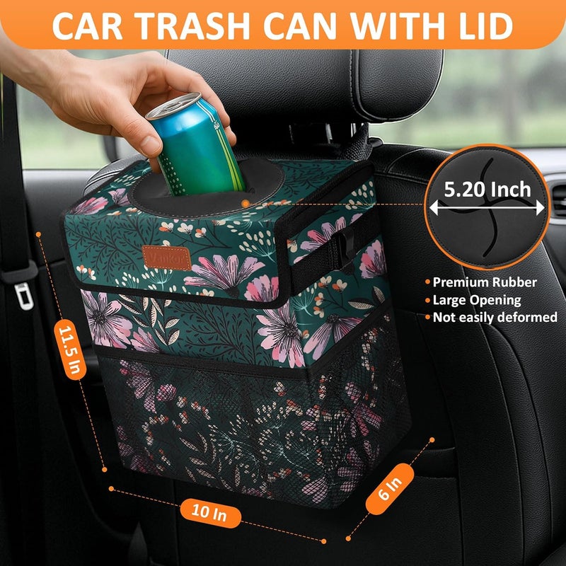 Vankor 3 Gallons Car Trash Can with Lid, Car Trash Bag Bin Hanging Waterproof Automotive Garbage Cans Leak Proof Vehicle Trash Can Navy Floral - Image 2