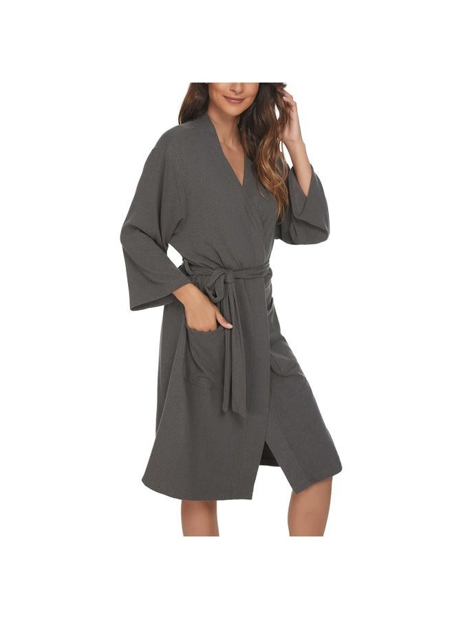U2SKIIN Womens Robes, Lightweight Blend Cotton Robes 3/4 Sleeves Knit Soft Loungewear, Dark Grey Mel-cotton, L - Image 4