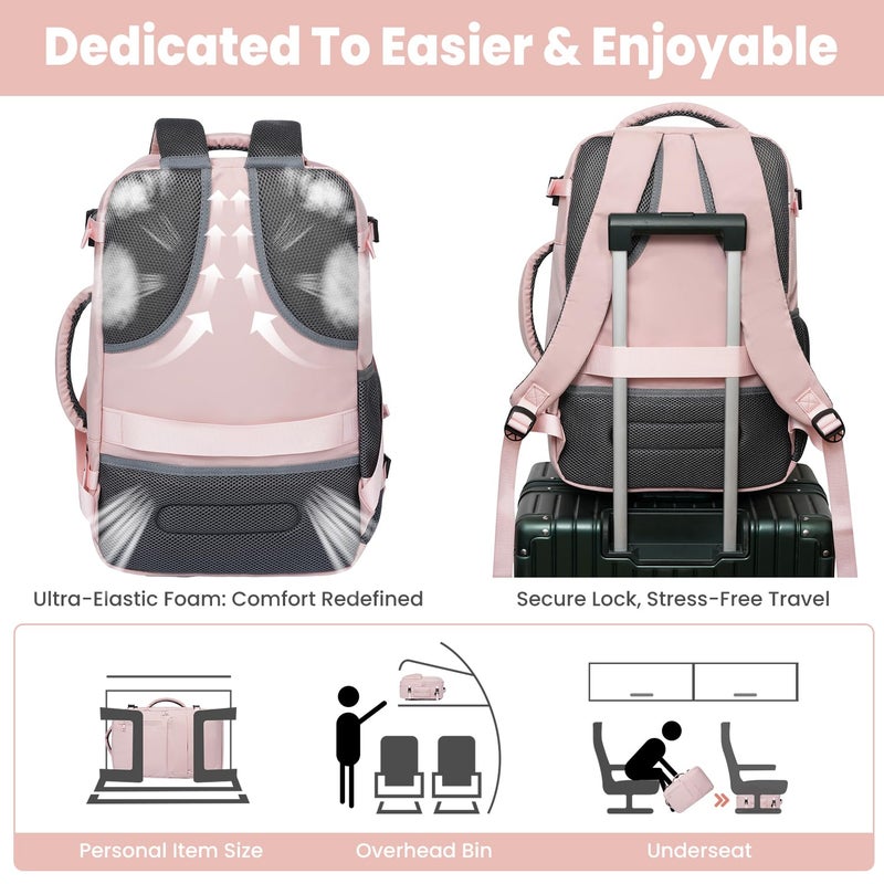 prezon 35L Travel Backpack | 180Â° All-Open Design | Multi-Pockets | Airline Approved Carry on|15.6 inch Laptop Compartment |USB Port |Perfect for Travel Business College Bookbags |Men Women,Pink - Image 2