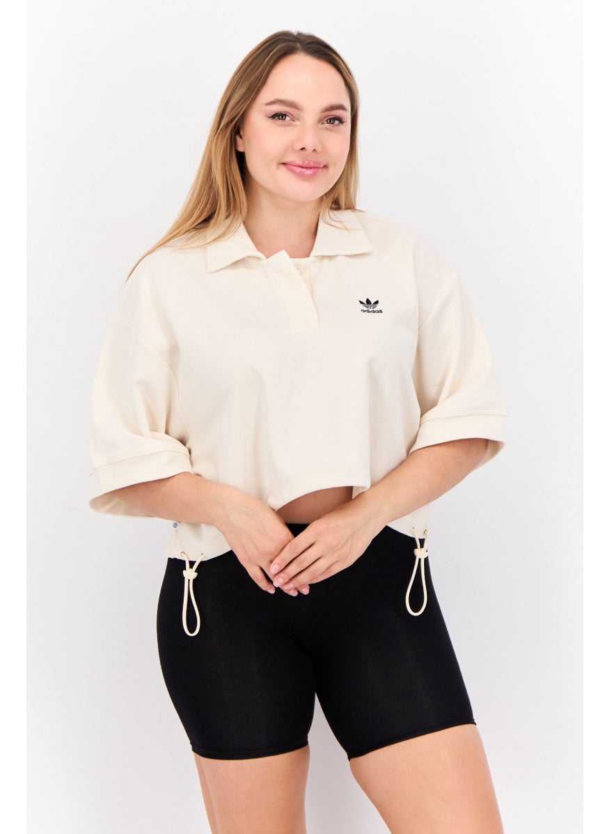 adidas Originals Women Sportswear Fit Short Sleeves Outdoor Crop Polo Shirt, Beige  - Image 1