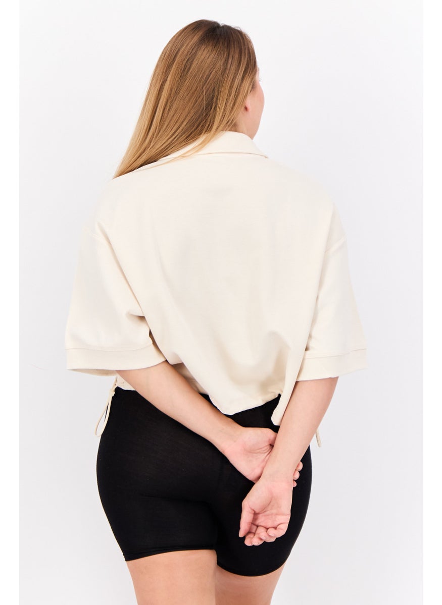 adidas Originals Women Sportswear Fit Short Sleeves Outdoor Crop Polo Shirt, Beige  - Image 3