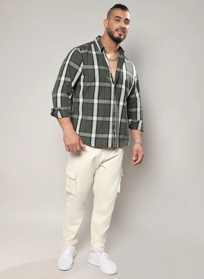 Instafab Plus Instafab Plus Men's Tartan Plaid Dark Green Button Up Plus-Size Fit Shirt For Casual Wear | Cotton Spread Collar Shirt Crafted With Regular Sleeve & Comfort Fit For Everyday Wear