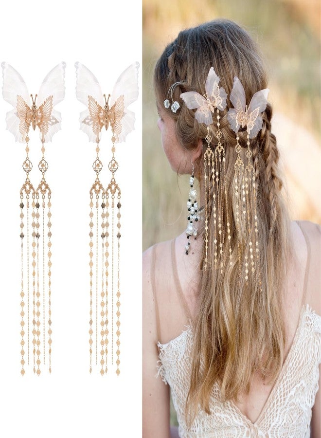 FRESHME Renaissance Butterfly Hair Clips - 2 Pcs Gold Fairy Hair Clamps with Tassel Elf Hair Claw Clips Wedding Renfaire Cosplay Fantasy Prom Dress Up Hair Accessories for Women - Image 1