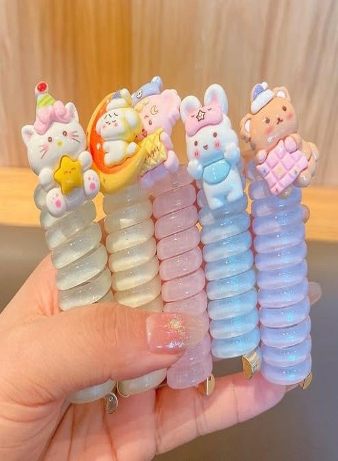 QUILBOOL Colorful Telephone Wire Hair Bands for Kids, Cute Cartoon Phone Cord Straight Spiral Hair Ties, Spiral Hair Ties For Girl Phone Cord, Waterproof High Elastic Rubber, Ponytail Holder Accessories - 2pc, Multi. - Image 2