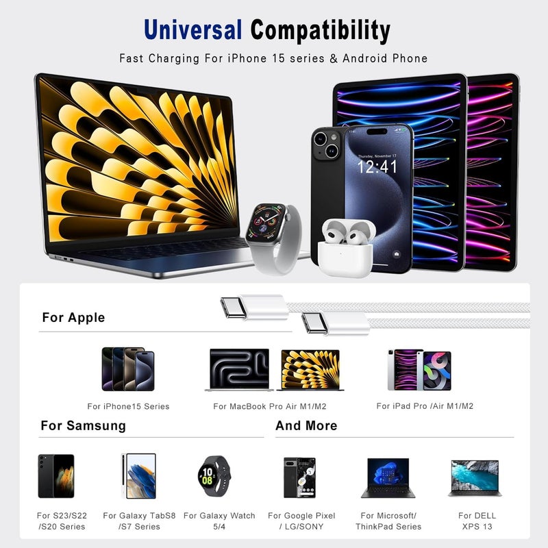 LinJie كابل USB-C 2M، كابل شحن طويل مضفر، كابل شحن فائق السرعة، متوافق مع iPhone 15-17/15-17 Pro/15-17 Plus/15-17 Pro Max، iPad Mini/Pro، MacBook Pro/Air (أبيض) - Image 5