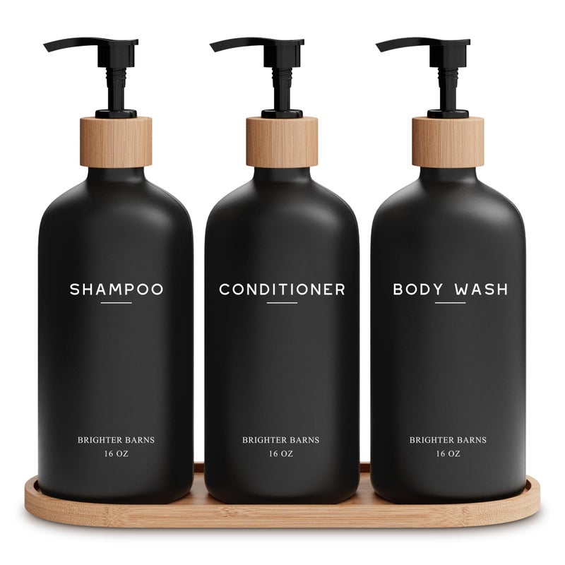 Brighter Barns Black Shampoo and Conditioner Dispenser Set - Body Wash, Shampoo Dispenser for Shower with Pump - Refillable Plastic Shower Soap Dispenser for Bathroom Decor in Home, Airbnb (Black) - Image 1