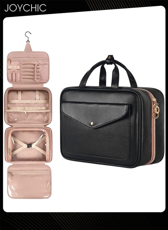 Joychic حقيبة مستحضرات التجميل المعلقة للسفر للنساء حقيبة كبيرة مقاومة للماء لتنظيم مستحضرات التجميل حاوية بحجم كامل مع حوامل مطاطية لمستحضرات التجميل والفرشات والزجاجات باللون الأسود - Image 1