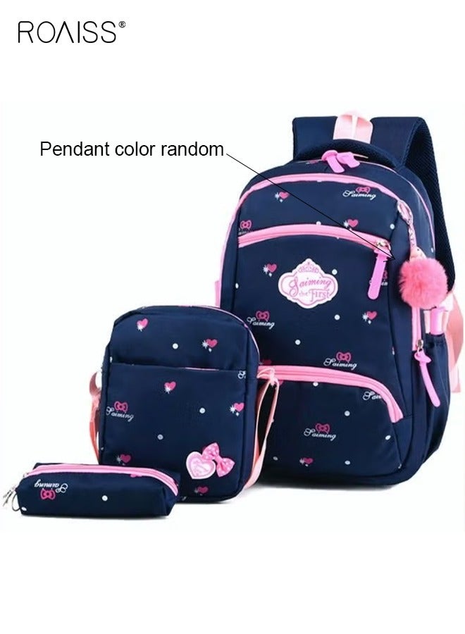 رويس مجموعة من 3 قطع من حقائب الظهر العملية اللطيفة المطبوعة على شكل قلب وعقدة فيونكة، حقيبة مدرسية وحقيبة كتف وحافظة أقلام مع قلادة دمية للأطفال البنات، حقيبة مدرسية زرقاء مقاومة للماء بسعة كبيرة - Image 1
