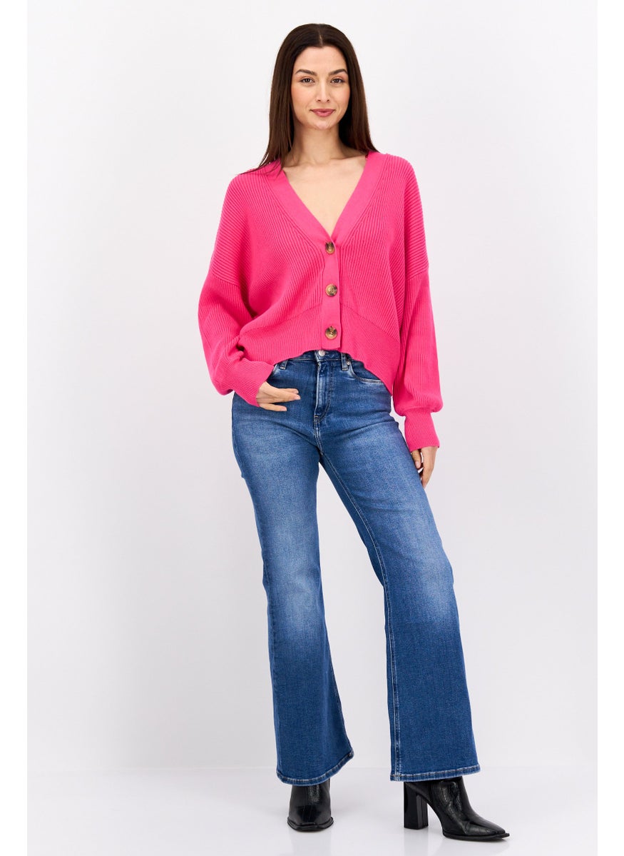 ESPRIT Women V Neck Long Sleeve Textured Cardigan, Pink  - Image 2