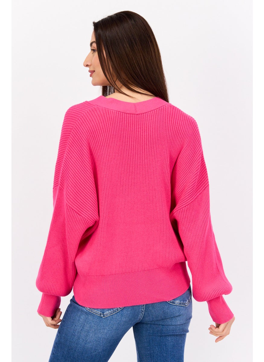 ESPRIT Women V Neck Long Sleeve Textured Cardigan, Pink  - Image 3