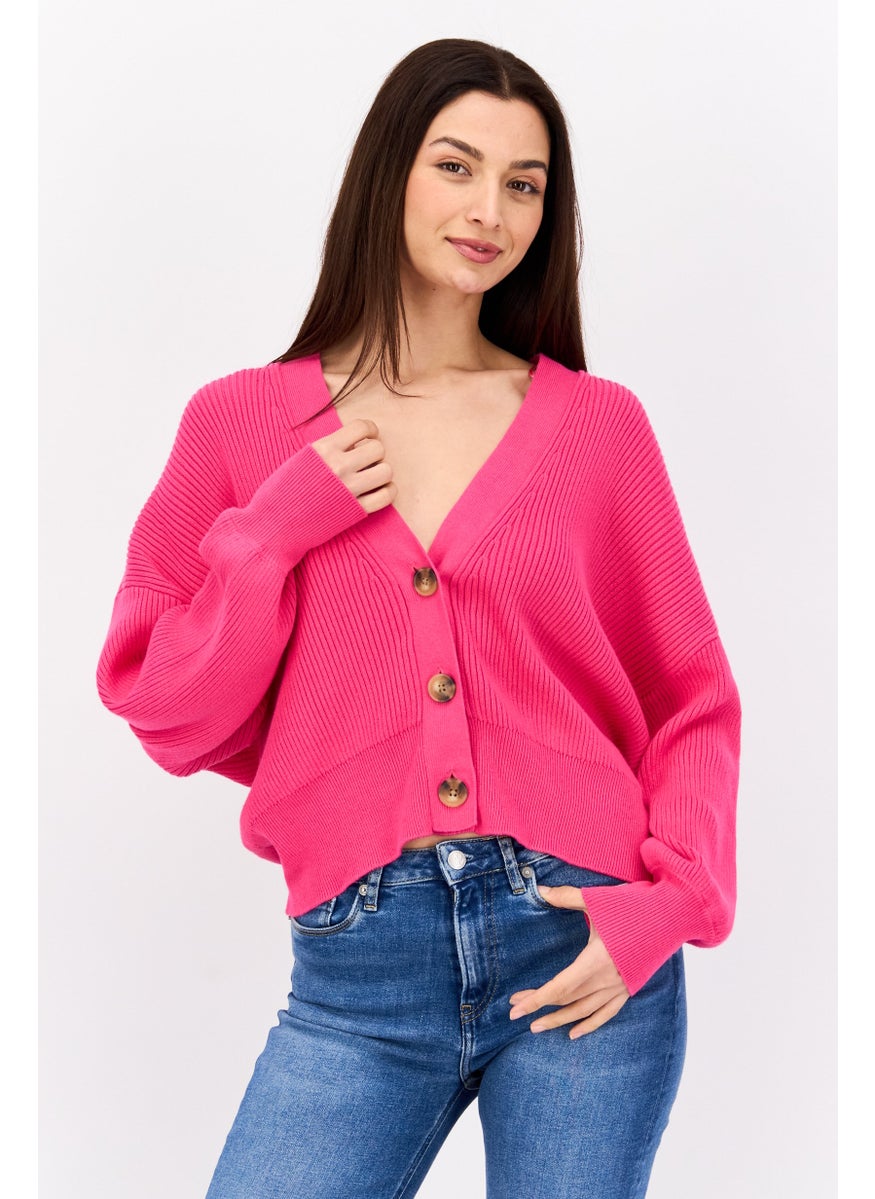 ESPRIT Women V Neck Long Sleeve Textured Cardigan, Pink  - Image 1