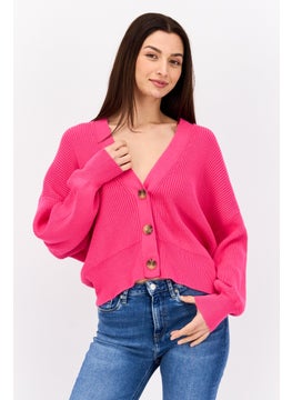 ESPRIT Women V Neck Long Sleeve Textured Cardigan, Pink  - Image 1