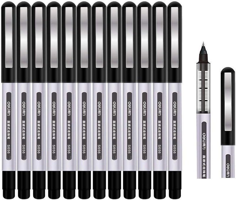 Rollerball Pen, 0.5mm Black Gel Pens Smooth Ballpoint Pen Quick-Drying Liquid Ink Rollerball Pens - Pack of 12