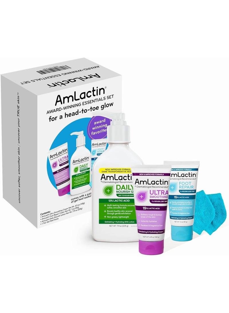 AmLactin Award-Winning Essentials Skin Care Set - Daily Nourish 12% Lotion, Ultra Smoothing Cream, Foot Repair Cream & Moisturizing Socks - Lactic Acid Moisturizer Gift Set for Whole-Body Skin Renewal - Image 1