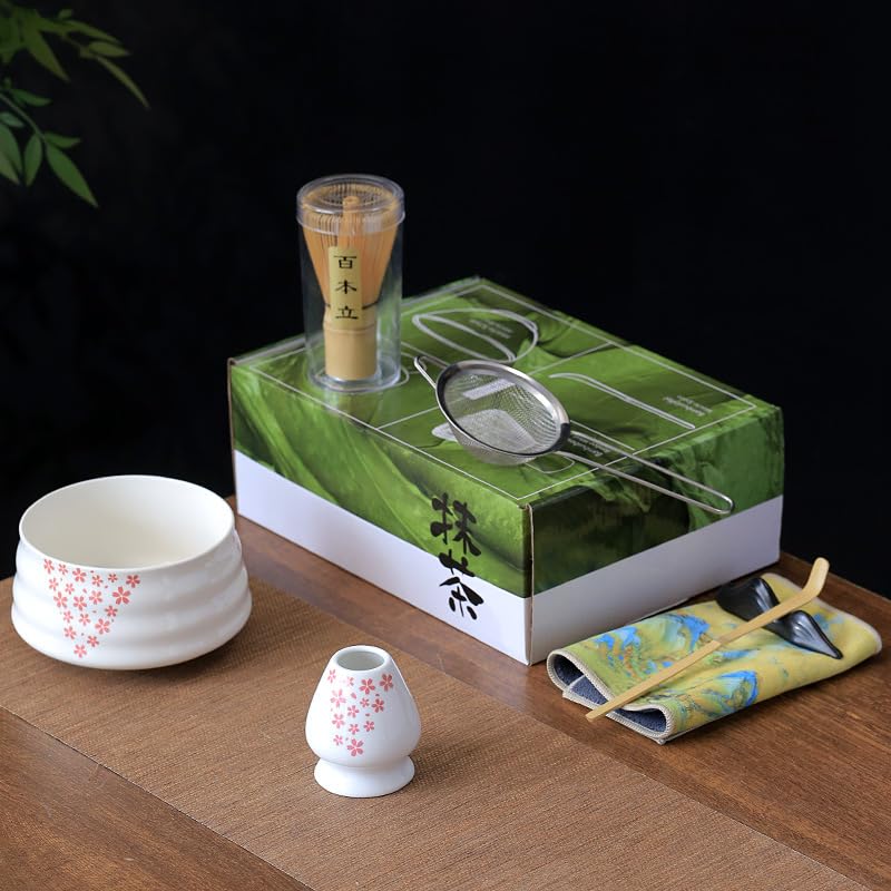 Flavoma Japanese Bamboo Matcha Whisk Sets of 7 (Match Brush) + Traditional Scoop (Chashaku) + Ceramic Tea Bowl + Tea Whisk Holder + Sifter + Ceremony Accessory Cloth + Stand for Tea Ceremony (Sakura) - Image 1