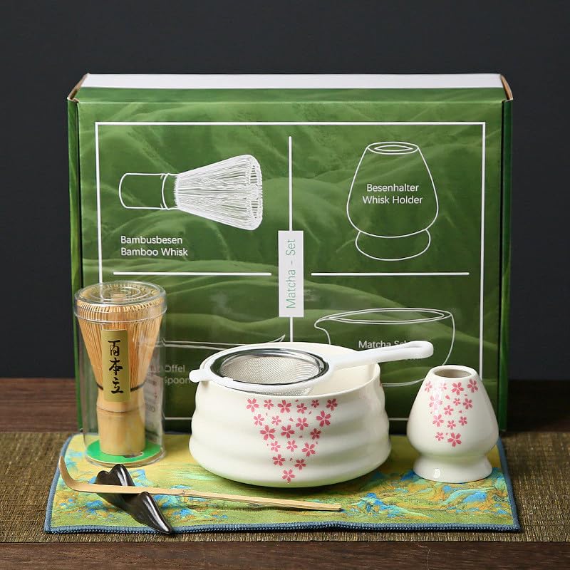 Flavoma Japanese Bamboo Matcha Whisk Sets of 7 (Match Brush) + Traditional Scoop (Chashaku) + Ceramic Tea Bowl + Tea Whisk Holder + Sifter + Ceremony Accessory Cloth + Stand for Tea Ceremony (Sakura) - Image 3